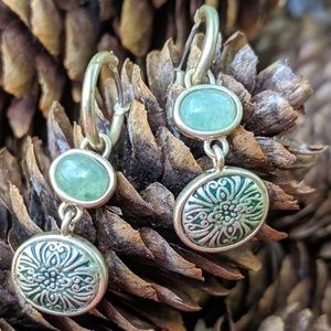 Green/Antique Gold Tone Hoop Earrings